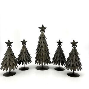 Set of 5 POTTERY BARN Galvanized Village Star Topped Trees Small & Large VTG